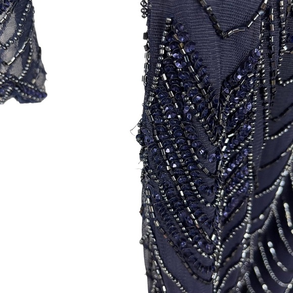 PISARRO NIGHTS BLUE ART DECO SCALLOP BEADED SHEER SLEEVE COCKTAIL SHEATH DRESS - Picture 13 of 16
